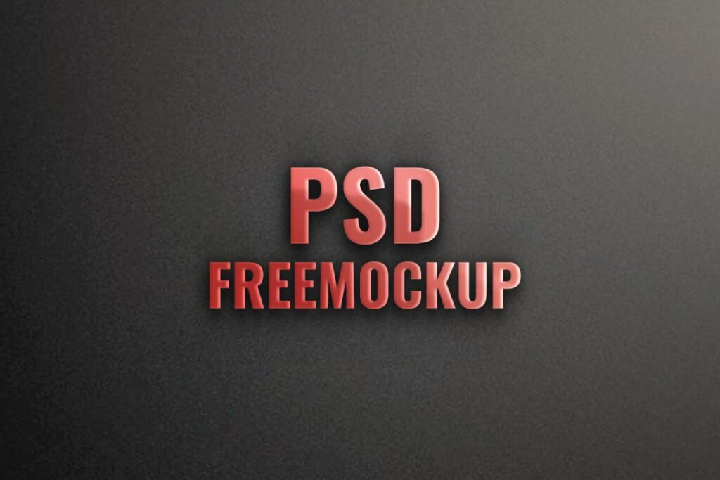 A 3D Logo Wall Display Mockup shows the flat text PSD FREEMOCKUP with a subtle embossed effect. The logo has a shiny, metallic reddish-pink finish on a dark, textured wall.
title: 3D Logo Wall Display Mockup
