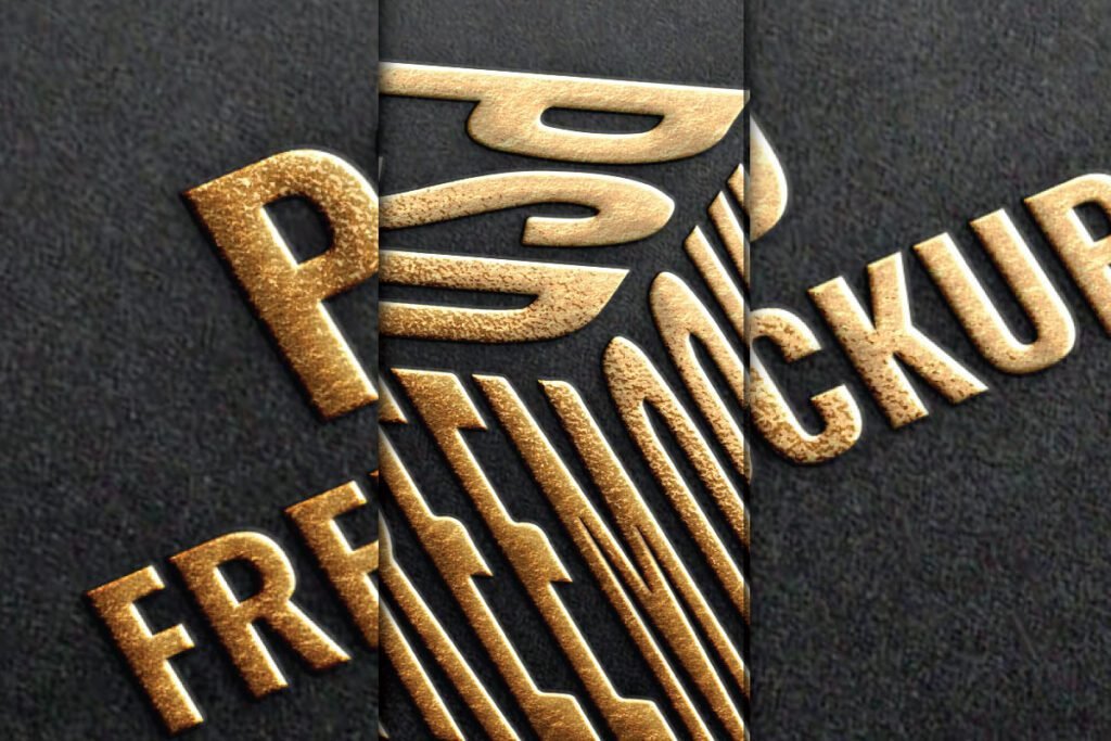 A Luxury golden texture logo on black paper mockup PSD is shown in a three-panel layout. The logo is an embossed, rough gold text with the words PSD FREEMOCKUP, displayed in flat and cube-shaped variations.