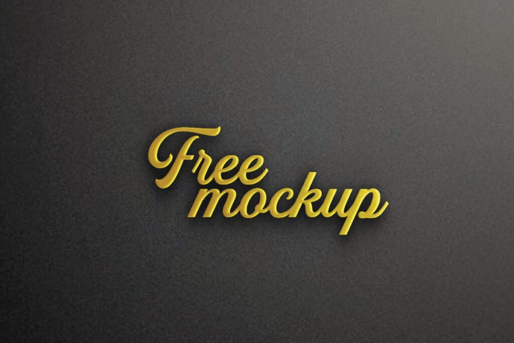 A 3D Logo Wall Display Mockup shows the words Free mockup in a metallic, golden-yellow script font with a subtle embossed effect on a dark, textured wall.