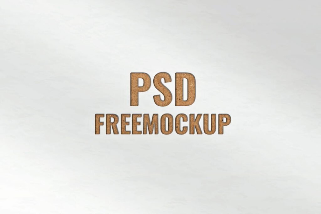 A paper with debossed effect logo mockup shows the flat text PSD FREEMOCKUP. The logo has a brown, pressed-in texture on a light, textured paper background.
