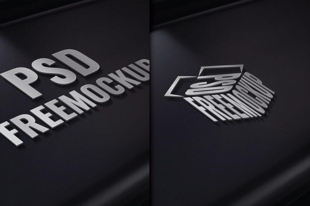 Two side-by-side images show a metallic, three-dimensional "PSD FREEMOCKUP" logo. The left image shows the text straight, while the right image shows the text arranged to form a cube shape.
