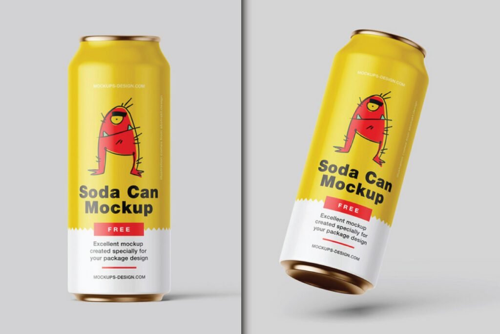 A beverage can soda mockup featuring two yellow cans with a cartoon monster design.