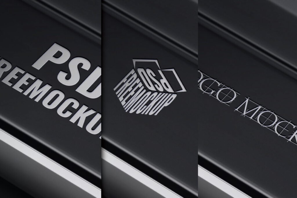 A professional Silver tech logo mockup 3D is shown in three vertical panels. The left panel features a flat, metallic logo with the text PSD FREEMOCKUP. The middle panel shows the text warped into a cube shape, and the right panel displays a wireframe blueprint of the logo.
title: Silver tech logo mockup 3D