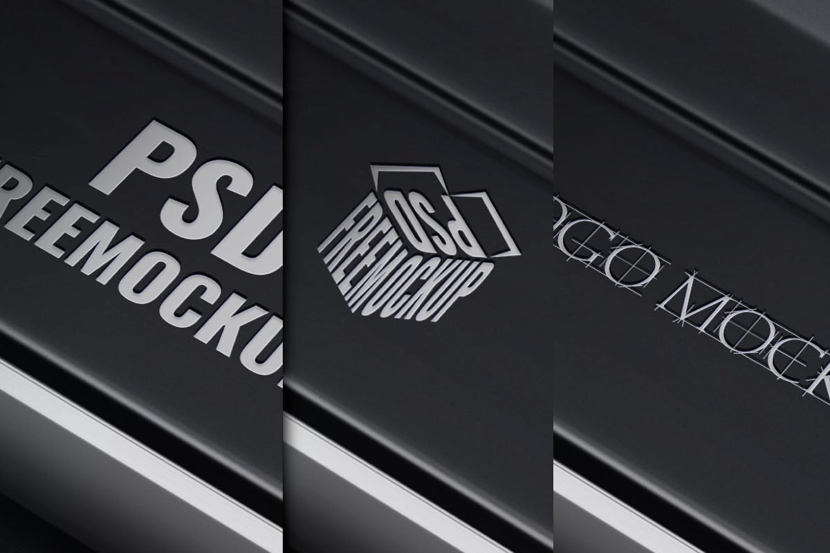 A professional Silver tech logo mockup 3D is shown in three vertical panels. The left panel features a flat, metallic logo with the text PSD FREEMOCKUP. The middle panel shows the text warped into a cube shape, and the right panel displays a wireframe blueprint of the logo. title: Silver tech logo mockup 3D