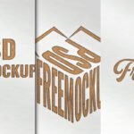 A craft paper with debossed effect logo mockup is shown in three vertical panels. The left panel features a flat PSD FREEMOCKUP logo, the middle panel displays the logo shaped into a cube, and the right panel shows a script font, all with a brown, pressed-in texture.