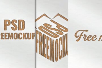 A craft paper with debossed effect logo mockup is shown in three vertical panels. The left panel features a flat PSD FREEMOCKUP logo, the middle panel displays the logo shaped into a cube, and the right panel shows a script font, all with a brown, pressed-in texture.