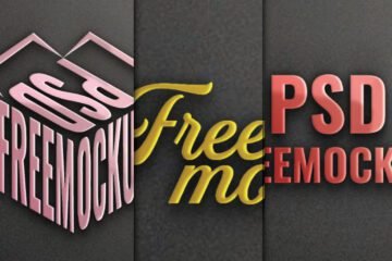 A Modern 3D Logo Wall Display Mockup PSD is shown in a three-panel layout. The left panel features a pink 3D cube logo, the middle panel shows a yellow script logo, and the right panel displays a red flat logo, all on a dark textured wall.