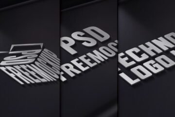 A technology logo mockup PSD displays three different metal logos on a dark, textured background. The first logo is a 3D box, the second has the text PSD FREEMOCKUP, and the third shows the word TECHNOLOGY.