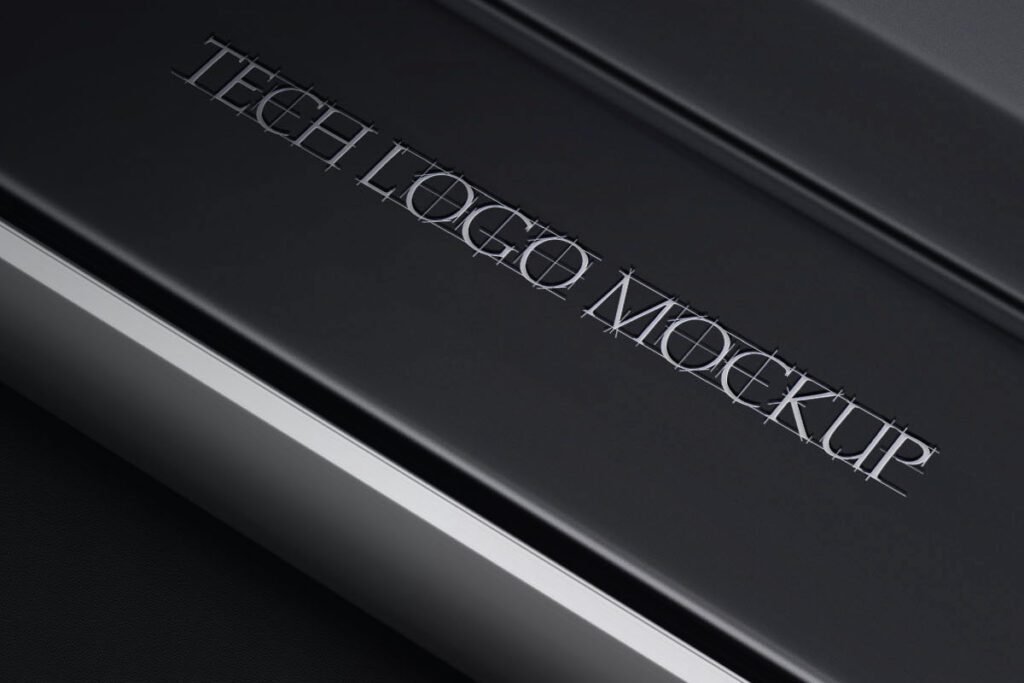 Two images display a Silver tech logo mockup. The first shows a wireframe-style TECH LOGO MOCKUP design on a dark surface, while the second is a three-panel view featuring a PSD FREEMOCKUP logo in flat, cube, and wireframe variations.