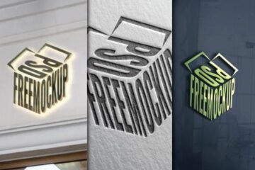 Top Popular Mockups for Logo Presentation PSD are shown in three vertical panels. The left panel shows a glowing gold sign on a building, the middle shows a debossed gray logo on textured paper, and the right shows a raised green logo on a dark wall. All feature a cube-shaped PSD FREEMOCKUP logo.